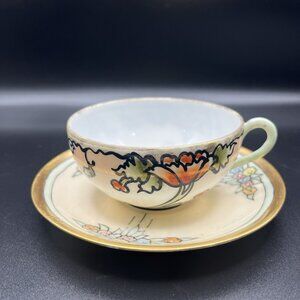 Antique Hand Painted Japan Teacup & Germany Porcelain Saucer Mismatched Art Deco